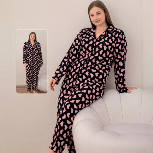 Pyjama Set Damen Schlafanzug Schwarz mit Rosa Herzen Baumwollmix